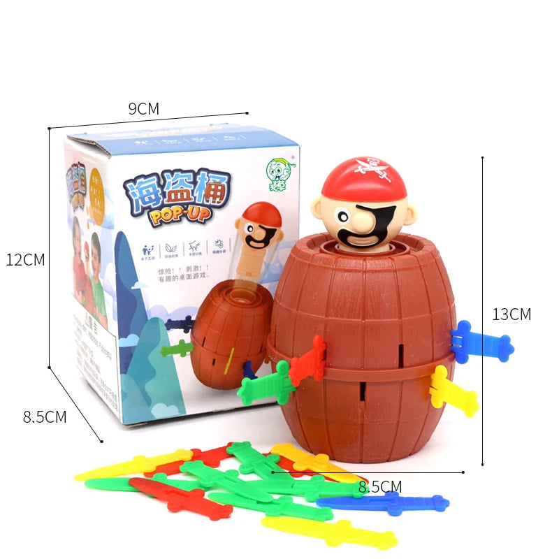 A set of pirate barrel sword stab party game includes a wooden barrel, sword, and various colored plastic pieces.