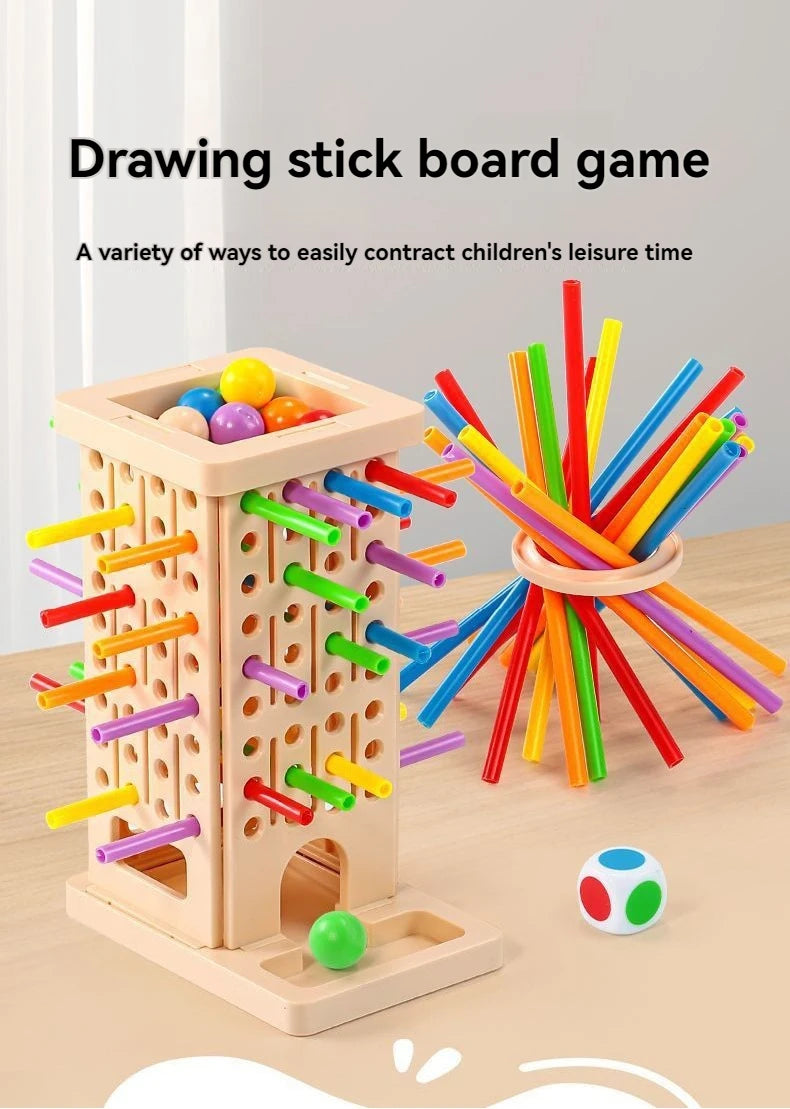 A wooden drawing stick board game featuring colorful sticks and a tower structure for children's leisure time.