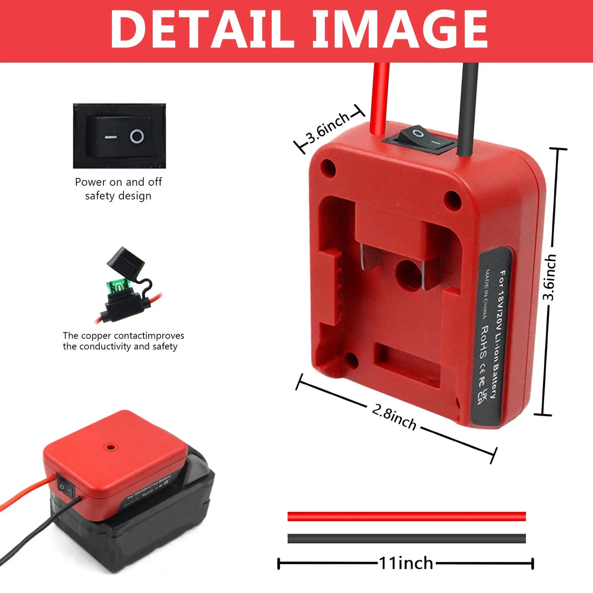 Battery Adapter with Switch and Fuse for Power Tool Batteries