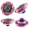 A metal spinning top battle set featuring purple and pink components with a string launcher.