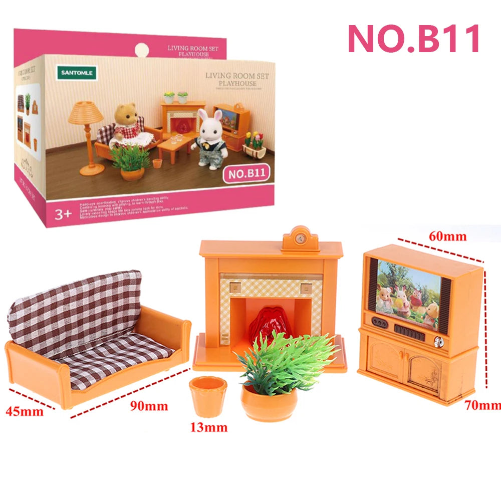 An orange living room set playset featuring a fireplace, furniture, and decorative items for a dollhouse.