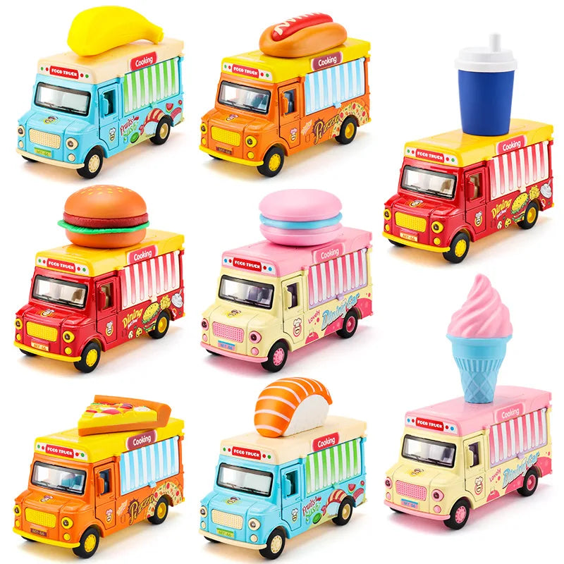 A collection of various 1:36 scale burger cars with lights and sound in different colors like yellow, red, and blue.