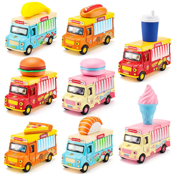 Colección de coches hamburguesa escala 1:36 con luces y sonido en colores amarillo, rojo y azul.