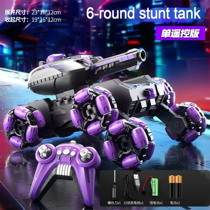 A purple and black transformable RC stunt tank with wheels and a controller shown in a studio setting.