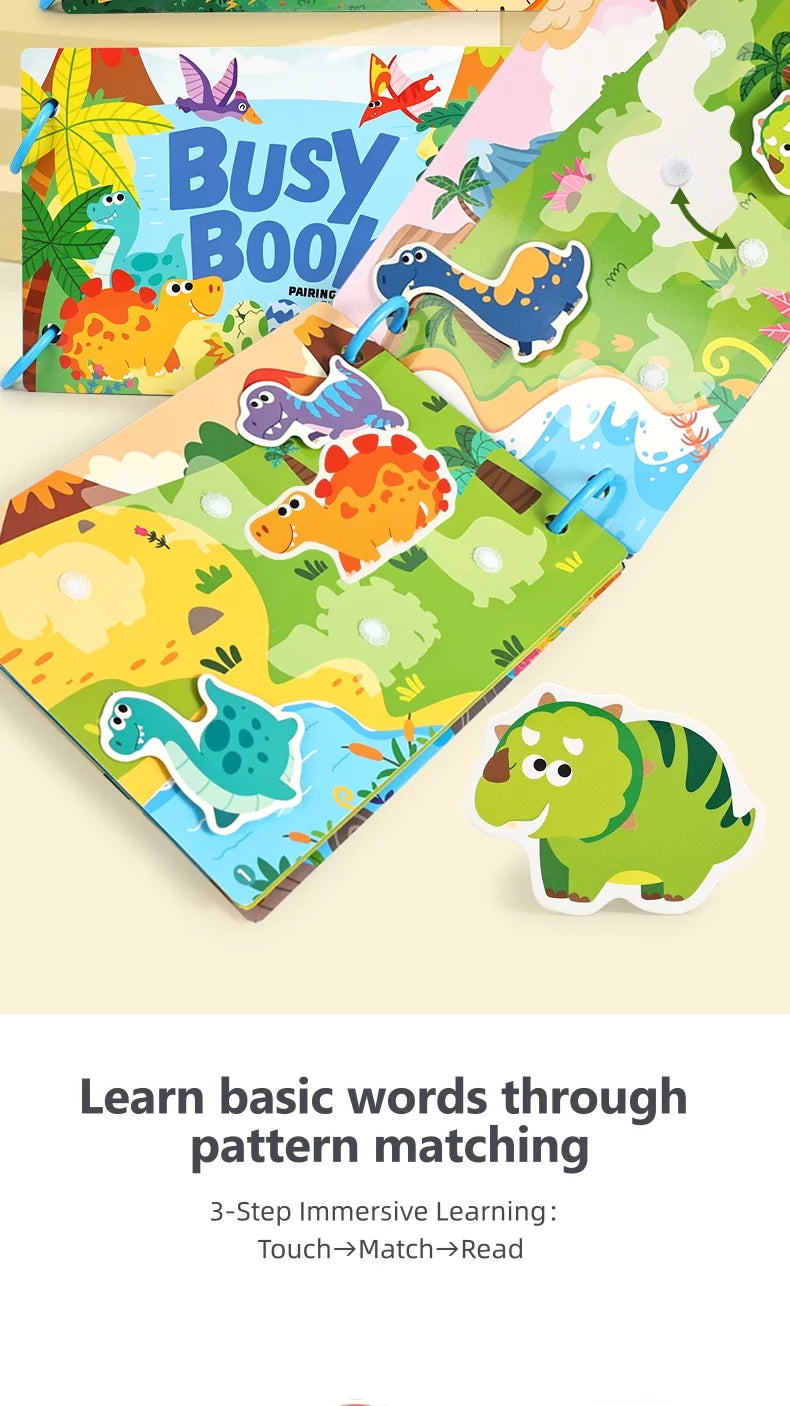 A colorful busy book for toddlers showing various animal and shape cards for learning through pattern matching.