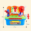 An orange and blue kids interactive toy drill set with a workbench featuring various colored tools.
