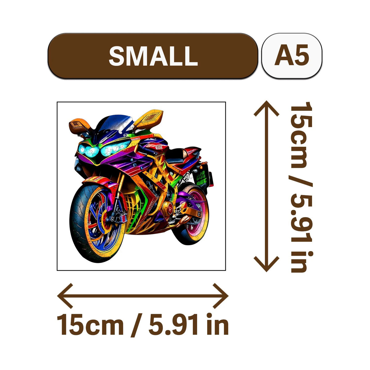 A small A5 sized wooden jigsaw puzzle of a motorcycle.