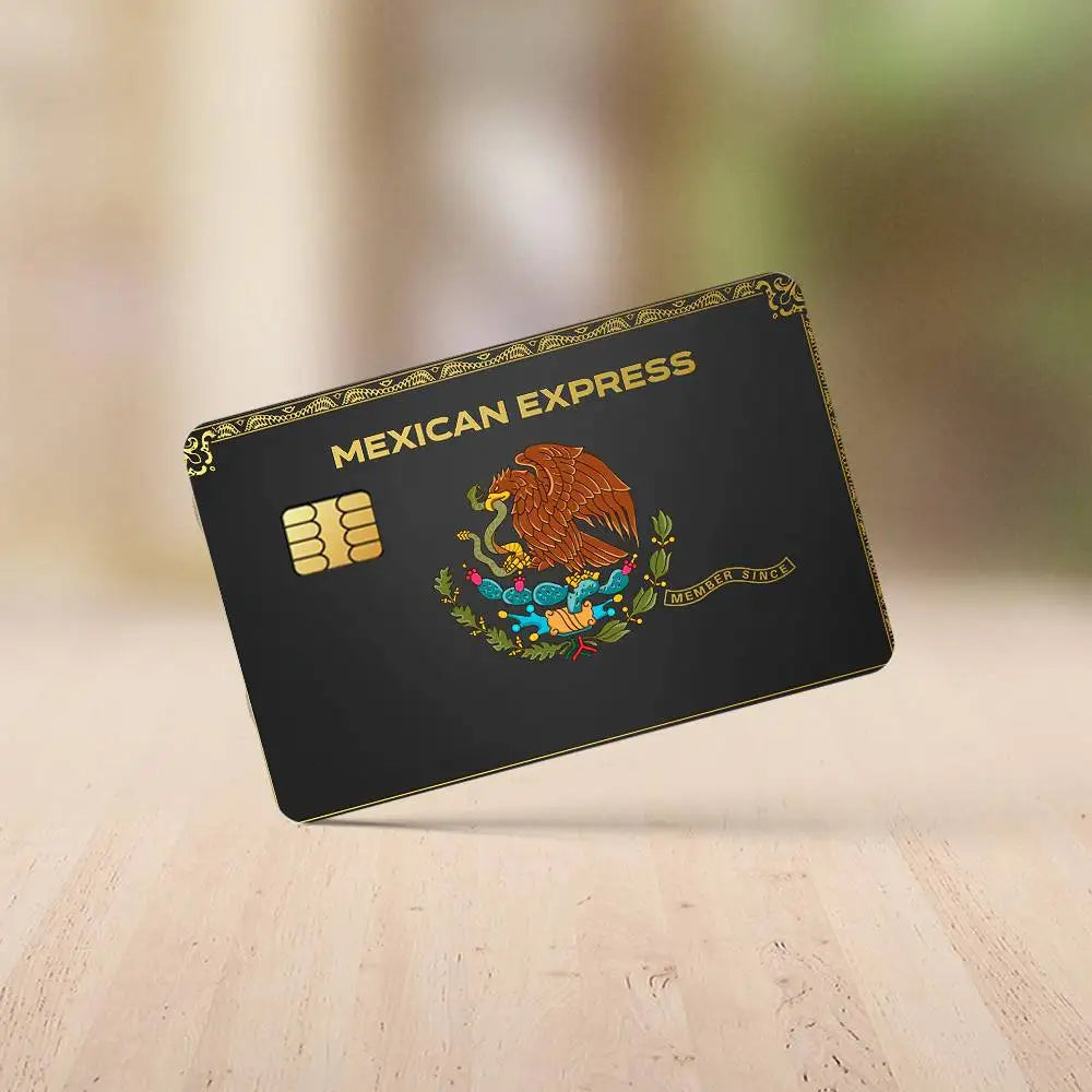 A black card with gold lettering and a depiction of an eagle, featuring the text Mexican Express and Member Since.