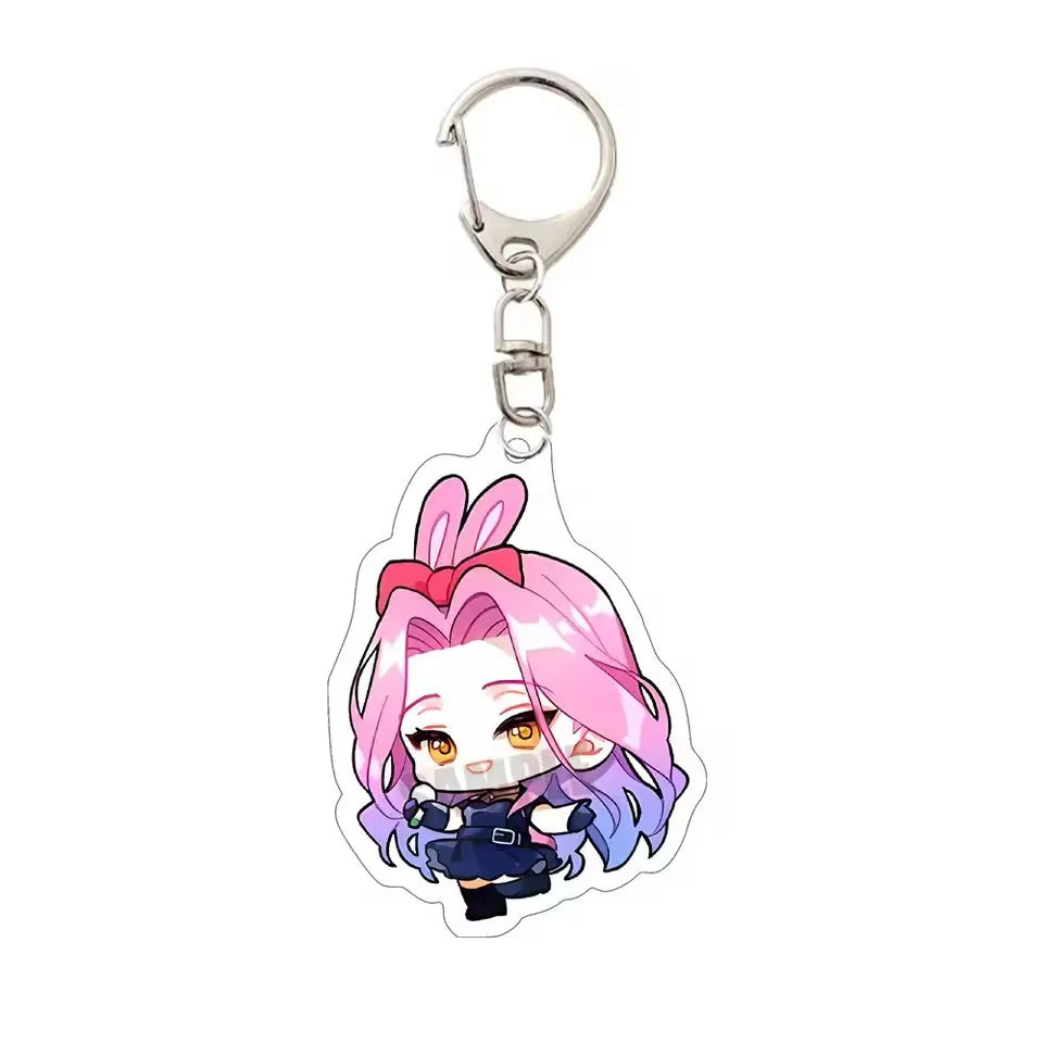 Acrylic keychain featuring an anime character with pink and purple hair and a white blindfold.