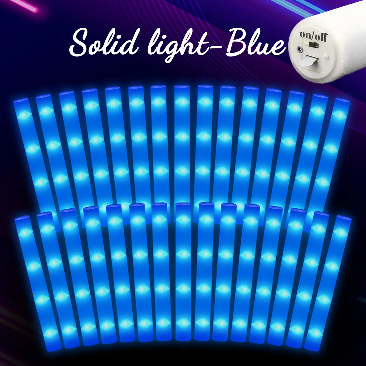 A close-up view of a strip of blue LED light foam glow sticks illuminating the surrounding area.