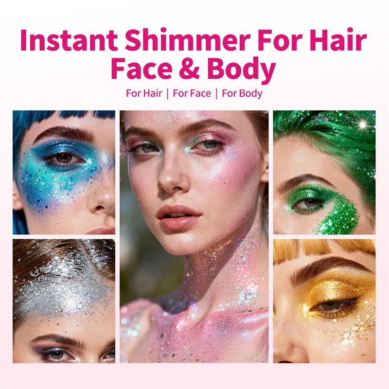 Close-up of a model applying instant shimmer for hair, face, and body with colorful glitter products.