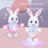 A white rabbit musical robot toy dancing and singing with LED lights on a pink background.