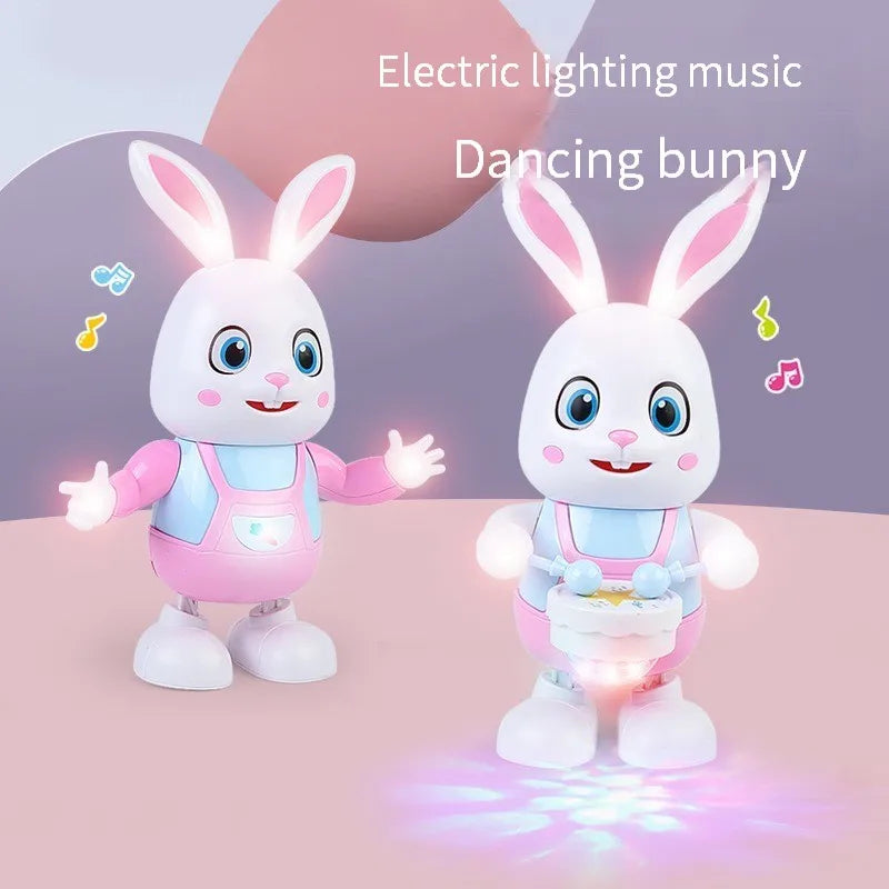 A white rabbit musical robot toy dancing and singing with LED lights on a pink background.