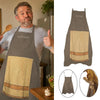 A man wearing a grey t-shirt and a brown chef apron with pockets, shown alongside the apron itself.
