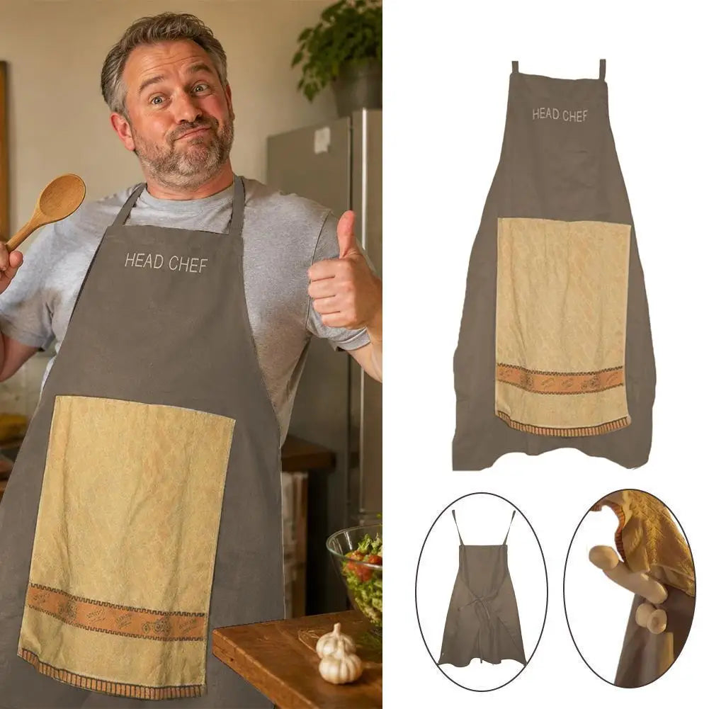 A man wearing a grey t-shirt and a brown chef apron with pockets, shown alongside the apron itself.
