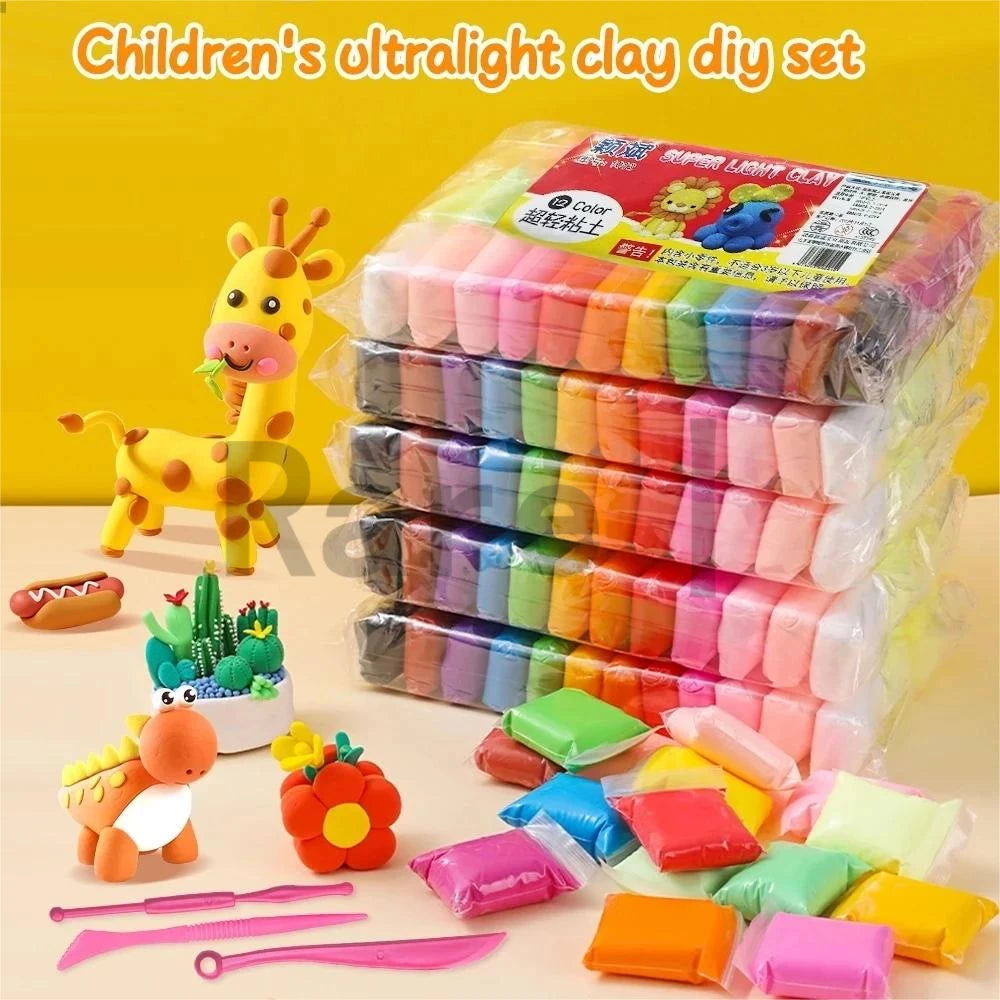 A set of colorful, ultra-light clay for children's DIY projects, including various shapes and tools.