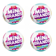 Four views of Mini Brands collectible toys with pink and blue packaging.