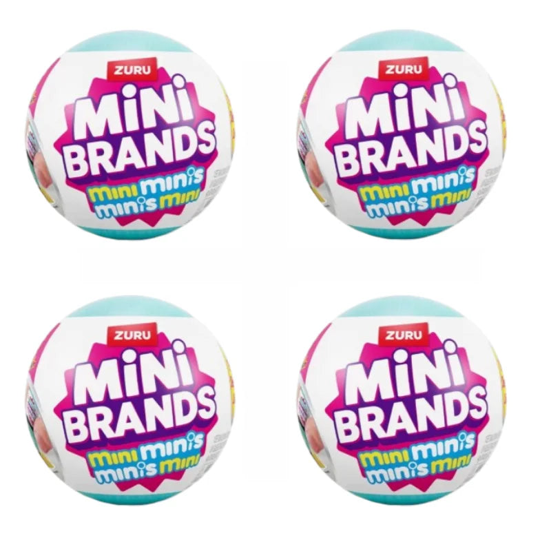 Four views of Mini Brands collectible toys with pink and blue packaging.