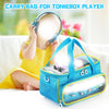 A child is holding a blue Toniebox player while a portable carrying bag is displayed next to her.