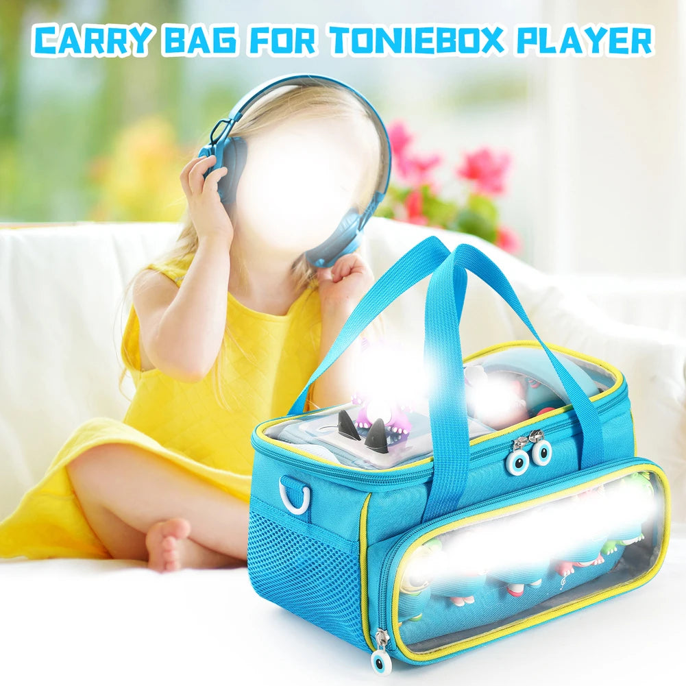 A child is holding a blue Toniebox player while a portable carrying bag is displayed next to her.