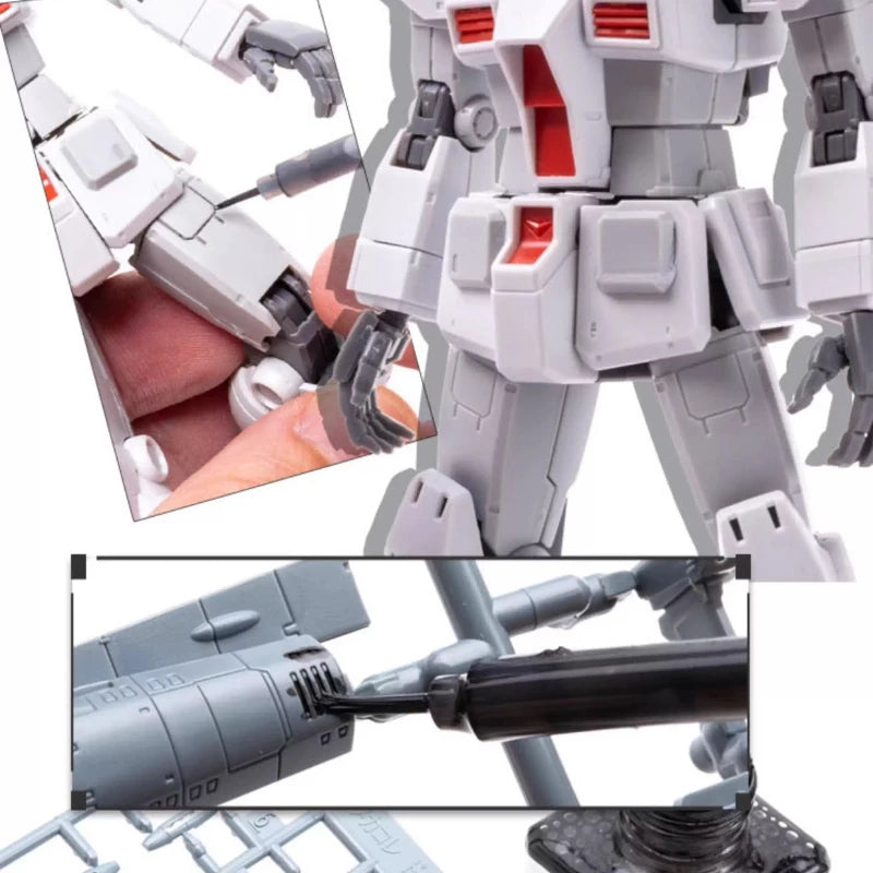 Close-up view of a white and gray model kit figure with panel lines, showing an application of enamel paint.