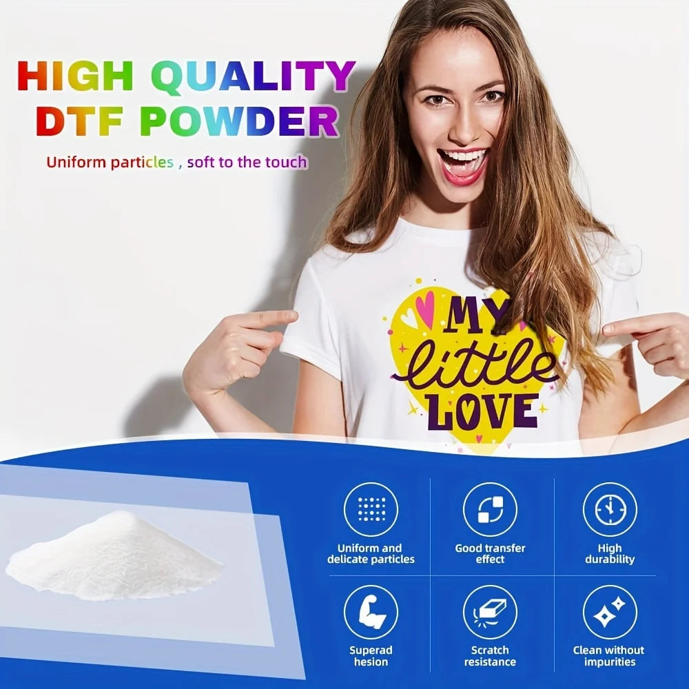 A woman holds a white powder product next to a t-shirt featuring a yellow heart design.