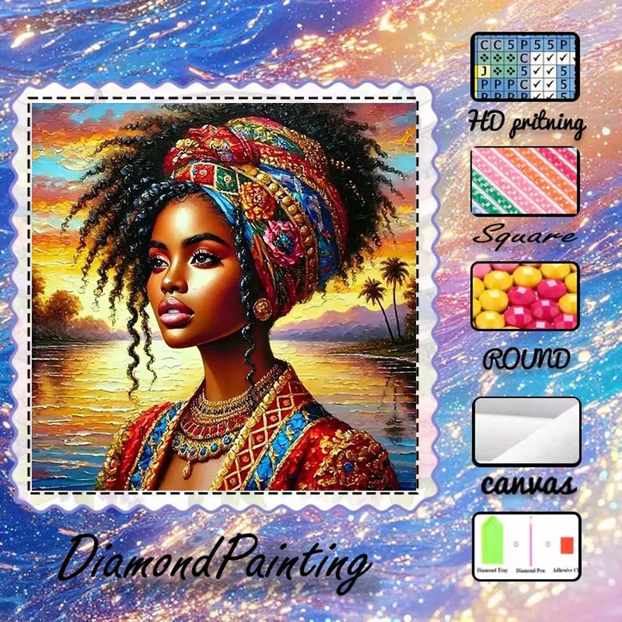 An HD printing of an elegant female portrait featuring intricate details and vibrant colors for a diamond painting kit.