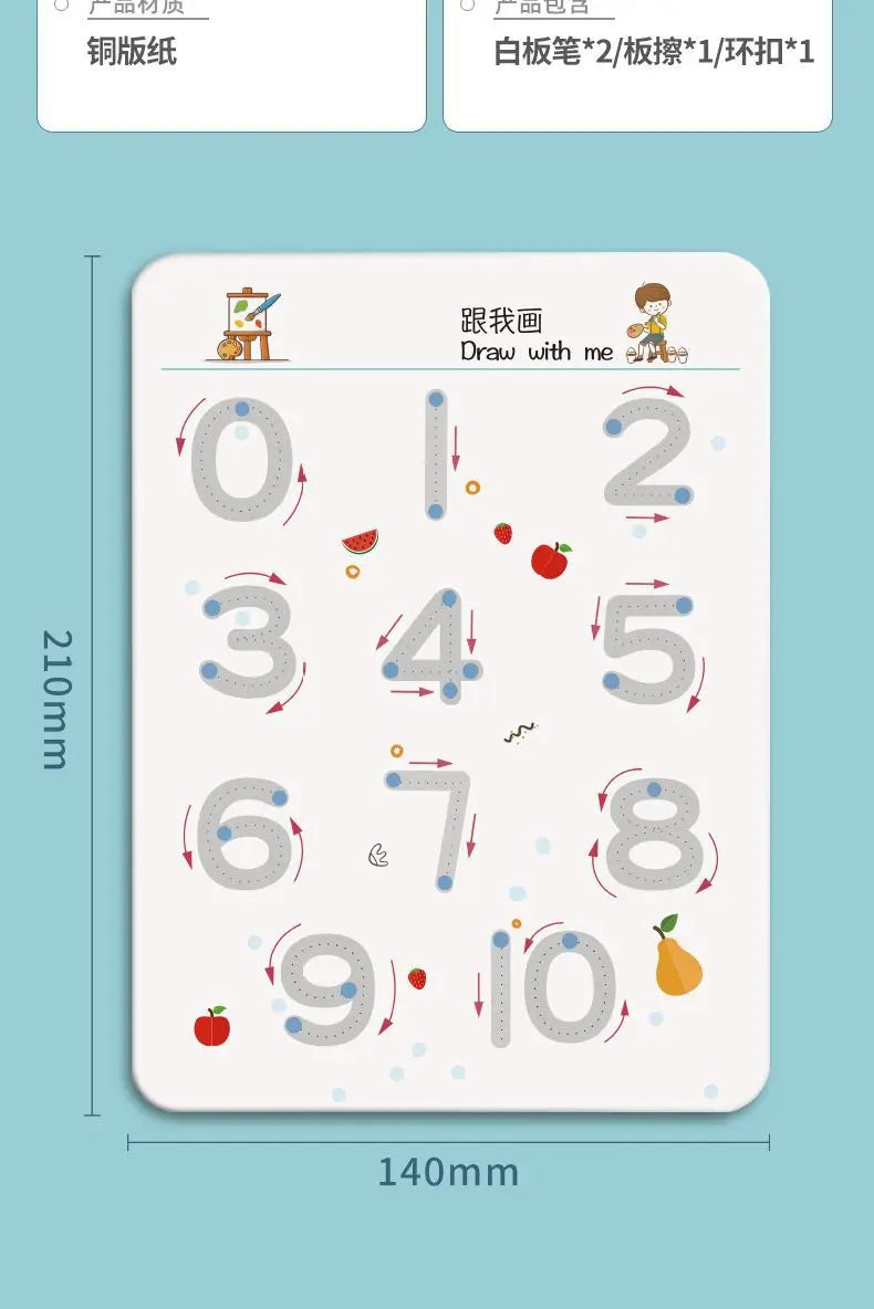 A white tracing workbook for children featuring numbers 0 through 10 with corresponding fruits and a drawing prompt.