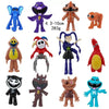 A collection of collectible figures featuring various characters from Poppy Playtime, including an elephant, a purple monster