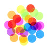 A collection of 20 colorful plastic bingo chips in various shades including yellow, orange, red, pink, and blue.