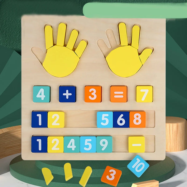 A wooden finger counting set featuring yellow hand shapes and numbered blocks for toddlers.