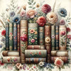A detailed watercolor illustration of antique books surrounded by lush floral greenery and roses.