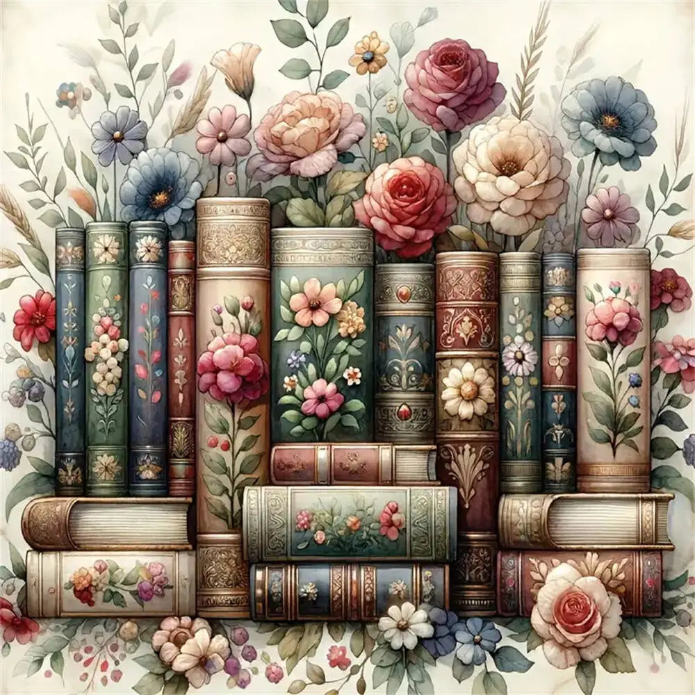 A detailed watercolor illustration of antique books surrounded by lush floral greenery and roses.