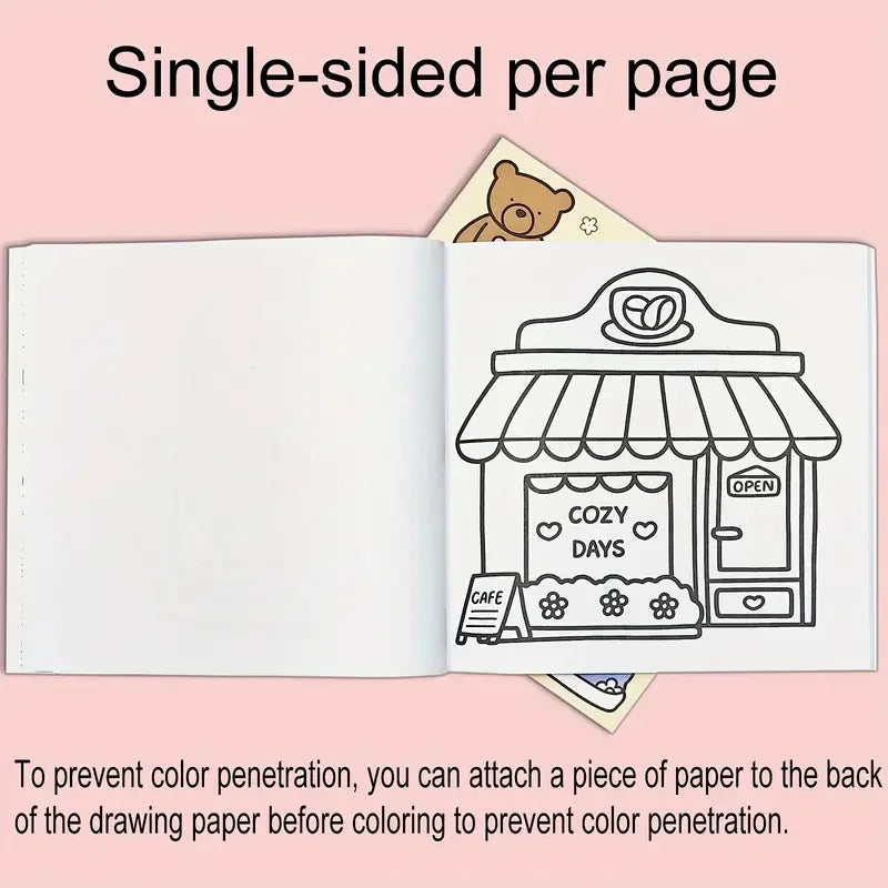 An open page from a coloring book showing a drawing of a cozy days cafe storefront.