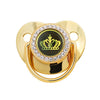 Gold crystal bling pacifier for newborns with a green crown design