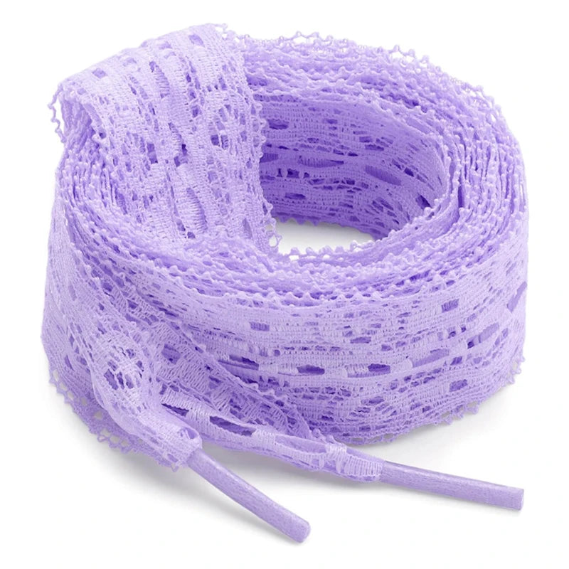Purple flat elastic silk lace shoelaces coiled and laid out