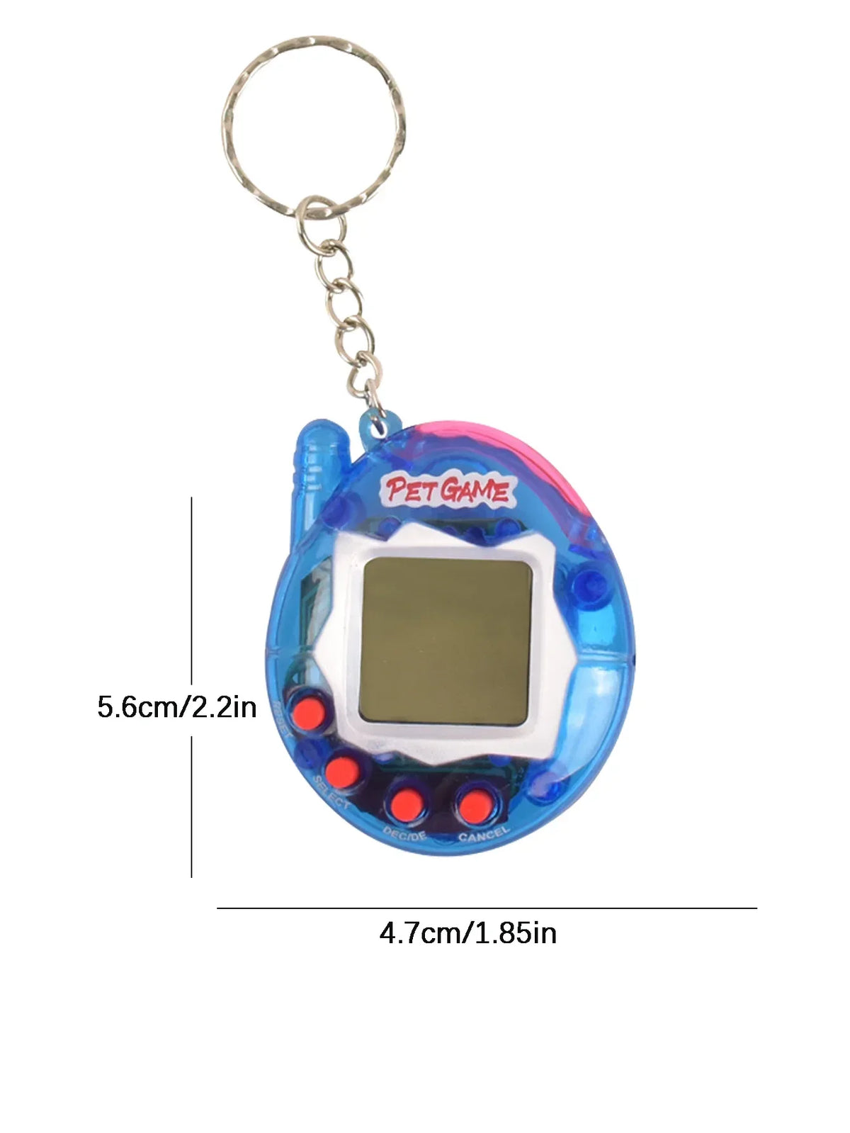 A blue electronic pet game toy with a keyring and a square screen.
