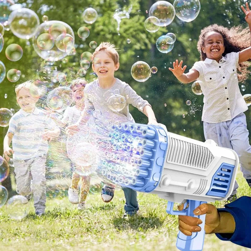 Children playing outdoors while a bubble gun sprays bubbles in the air
