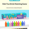 A box of a drink matching game featuring various colored bottles and corresponding characters for kids.