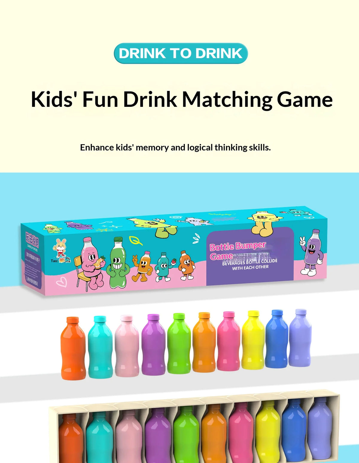 A box of a drink matching game featuring various colored bottles and corresponding characters for kids.