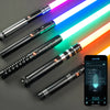 A black lightsaber with a glowing blade emitting multiple colors, displayed against a dark gray background.