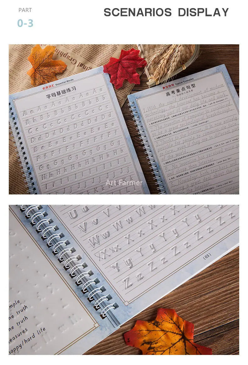 Three open copybooks showing various handwriting practice exercises and examples on lined paper