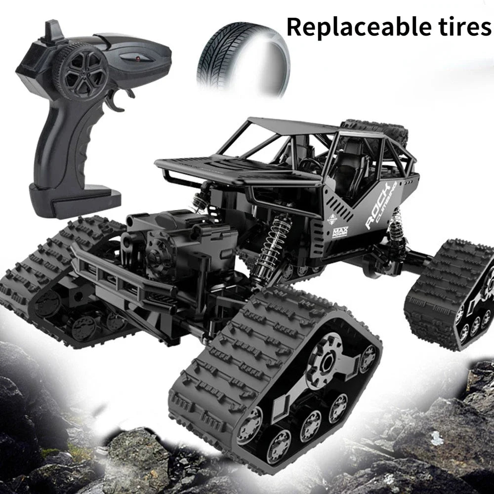 Black 4WD remote control off-road crawler truck with replaceable tires and a remote control.