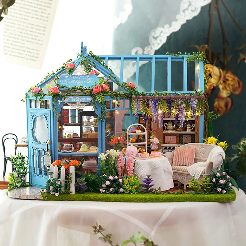 Wooden Dollhouse Kit with Furniture and Lighting
