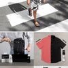 Before and after images showing liquid fabric dye application on black and pink shirts and black pants.