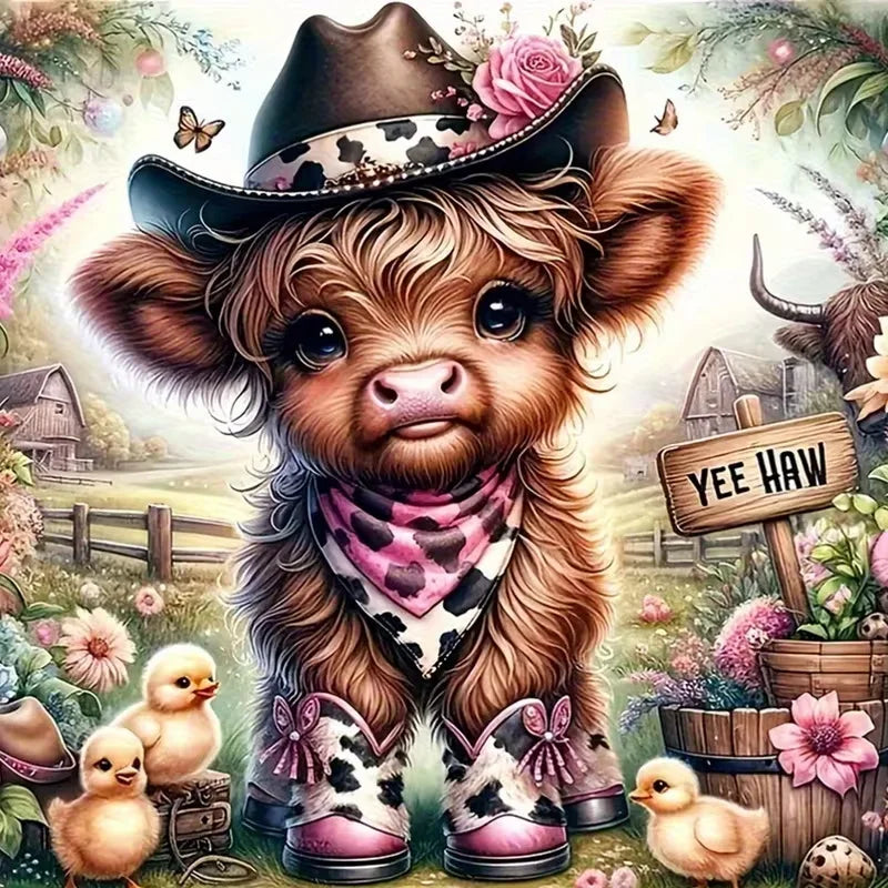 A fluffy brown puppy wearing patterned boots and a pink bandana surrounded by flowers and chicks.