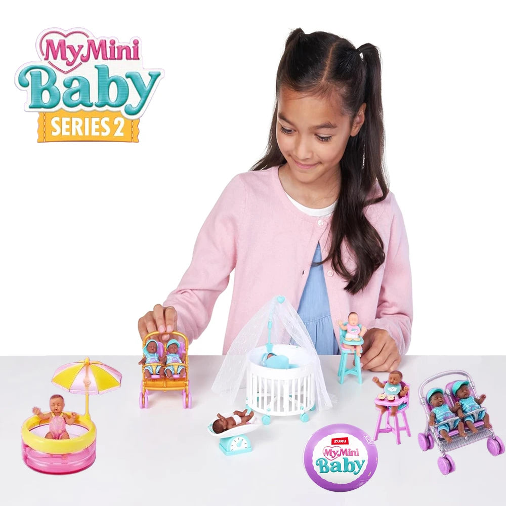 A girl holds a My Mini Baby Series 2 collectible mystery toy set featuring dolls and accessories.