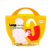 A yellow and orange package of Loop the Ball Game & Skill Toy featuring a red U-shaped ball.