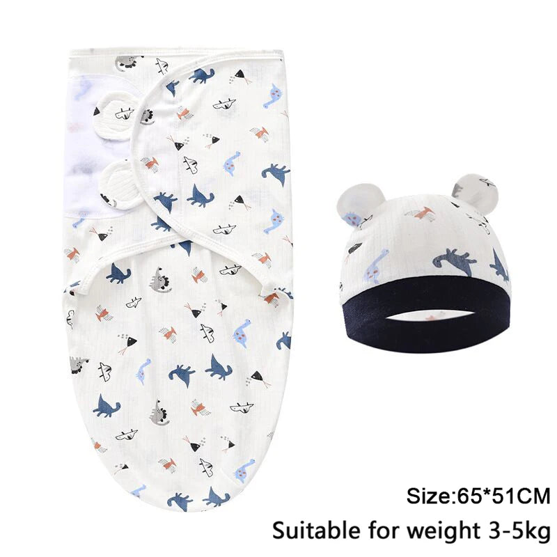 White cotton newborn swaddle blanket and hat set with small animal patterns suitable for 3-5kg