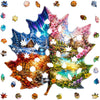 A colorful jigsaw puzzle featuring a forest scene with deer, sunset colors, and autumn foliage.